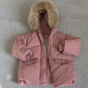 Zara Kids Dusty Pink Puffer Coat with Faux Fur Trim